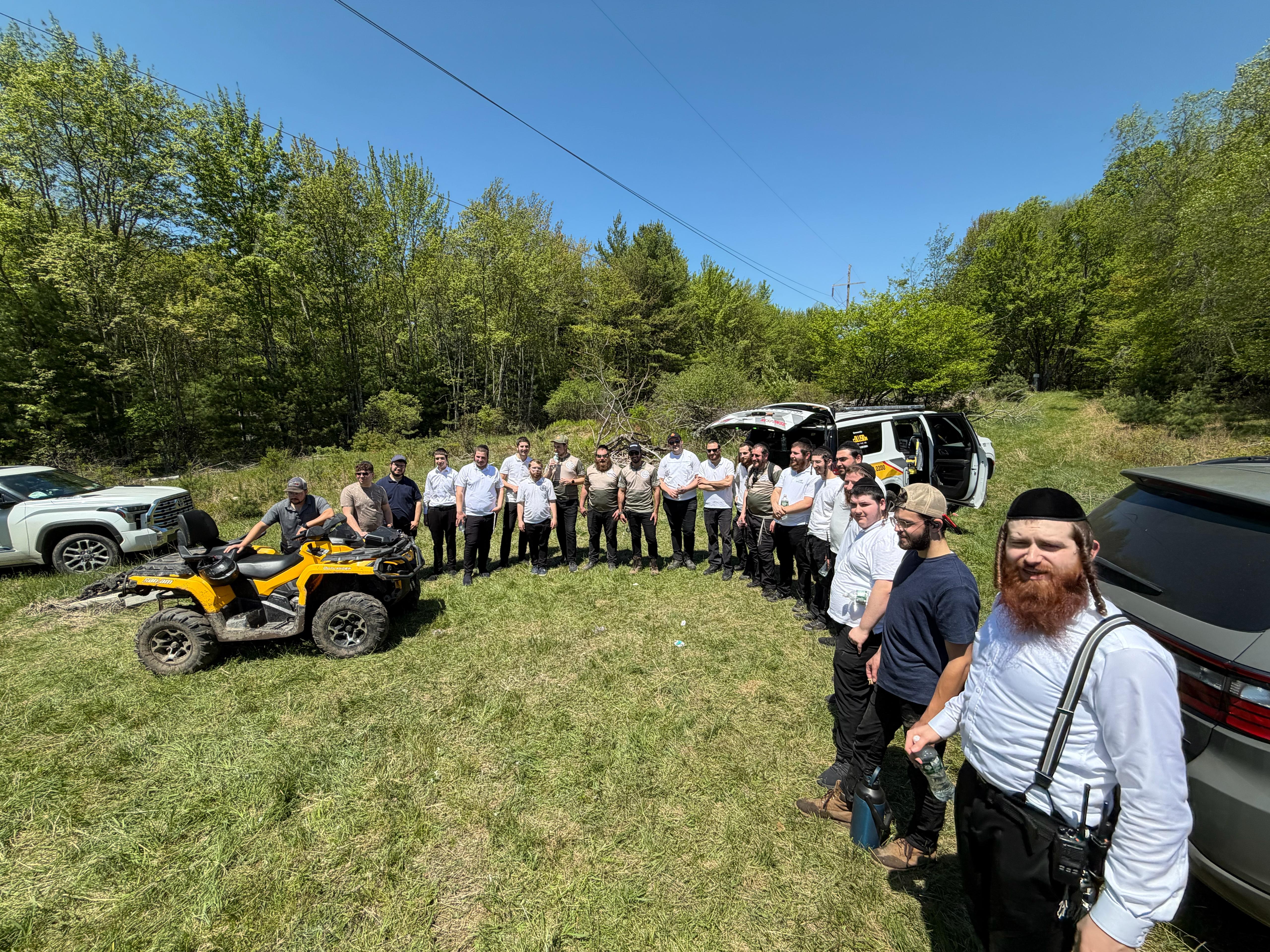 Chavivim members from KJ, Rockland, Catskills, Ocean County, Boro Park, and Williamsburg staged together in a Catskills clearing with the SAR ATV and KJ-500 Command Center